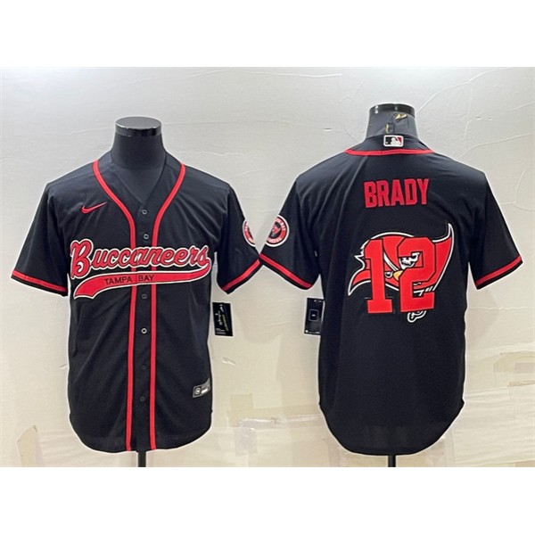 Tampa Bay Buccaneers #12 Tom Brady Black Team Big Logo With Patch Cool Base Stitched Baseball Jersey