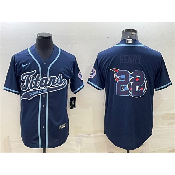 Tennessee Titans #22 Derrick Henry Navy Team Big Logo With Patch Cool Base Stitched Baseball Jersey