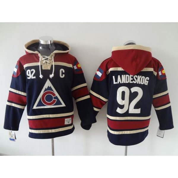 Avalanche #92 Gabriel Landeskog Navy Blue Sawyer Hooded Sweatshirt Stitched Jersey