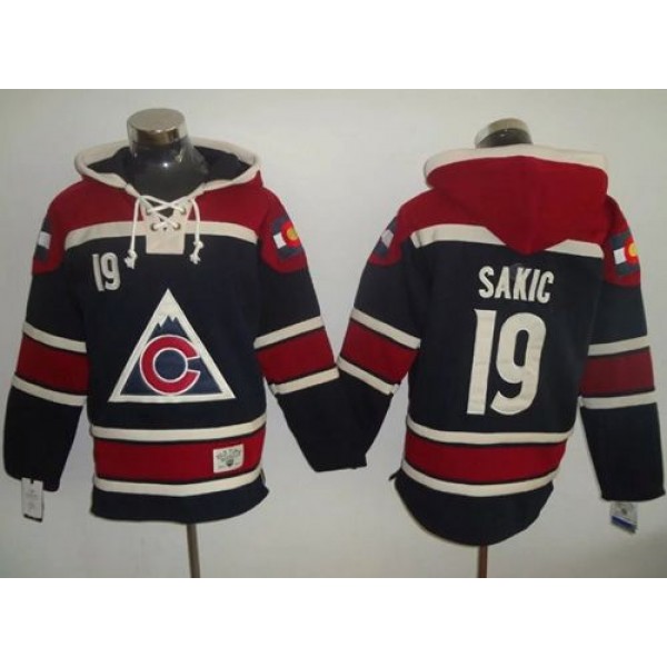 Avalanche #19 Joe Sakic Navy Blue Sawyer Hooded Sweatshirt Stitched Jersey