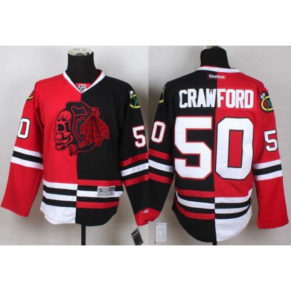 Blackhawks #50 Corey Crawford Red Black Split Red Skull Stitched Jersey