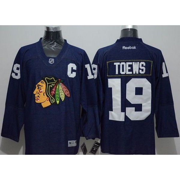 Blackhawks #19 Jonathan Toews Navy Blue Denim Stitched Jersey