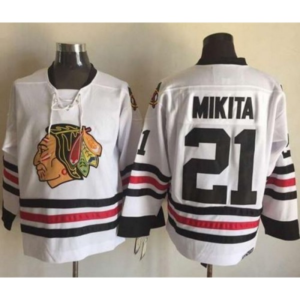 Blackhawks #21 Stan Mikita White CCM Throwback Stitched Jersey
