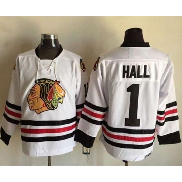 Blackhawks #1 Glenn Hall White CCM Throwback Stitched Jersey