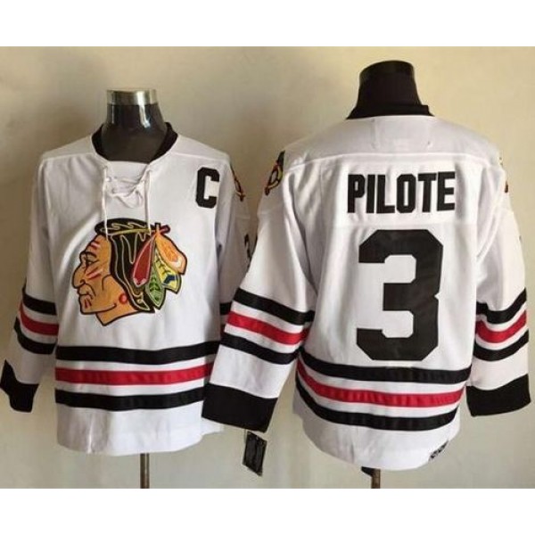 Blackhawks #3 Pierre Pilote White CCM Throwback Stitched Jersey