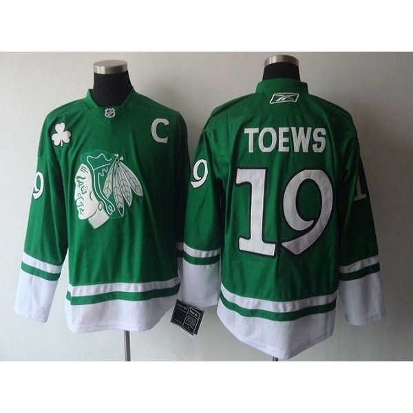 Blackhawks #19 Jonathan Toews Green St. Patty's Day Stitched Jersey