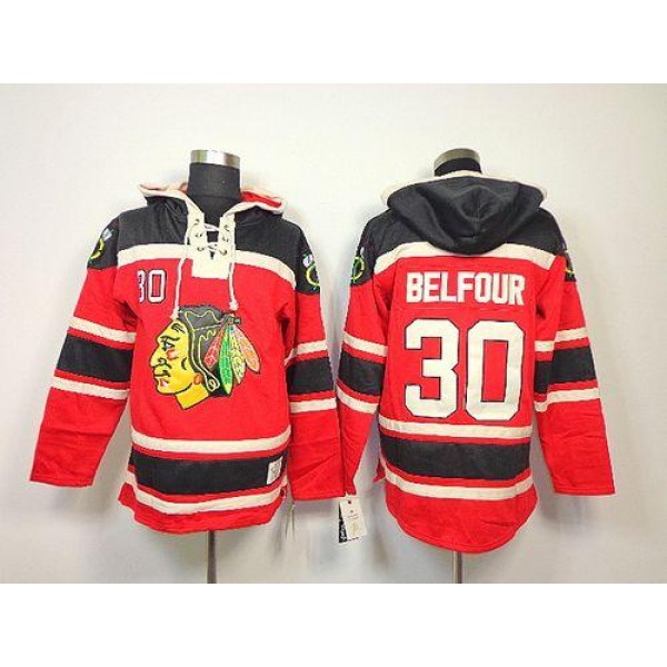 Blackhawks #30 ED Belfour Red Sawyer Hooded Sweatshirt Stitched Jersey