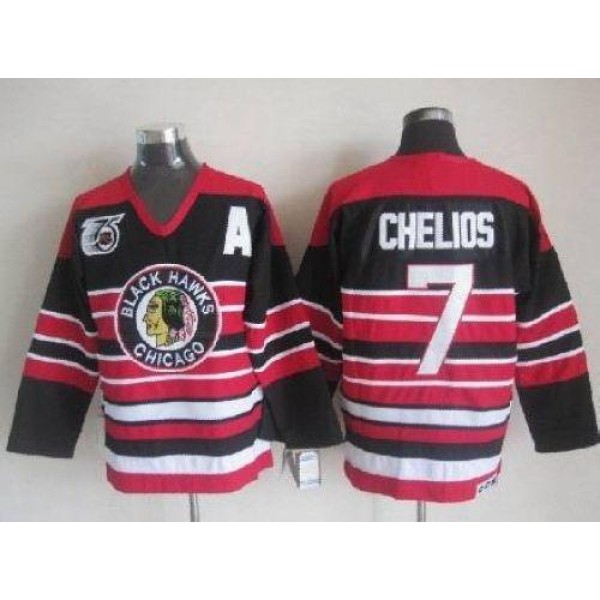 Blackhawks #7 Chris Chelios Red Black 75TH CCM Stitched Jersey