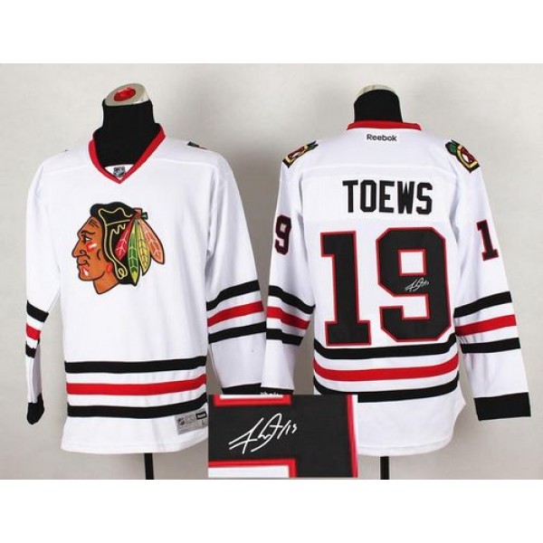 Blackhawks #19 Jonathan Toews White Autographed Stitched Jersey