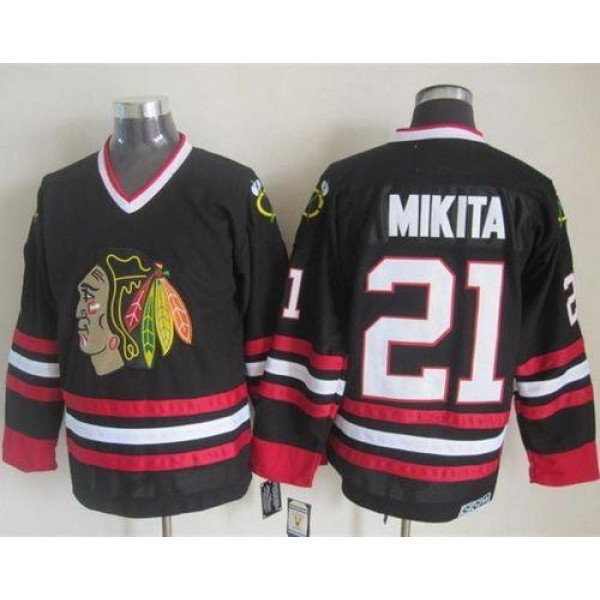 Blackhawks #21 Stan Mikita Black CCM Throwback Stitched Jersey