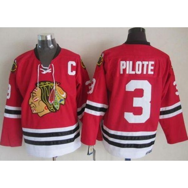 Blackhawks #3 Pierre Pilote Red CCM Throwback Stitched Jersey