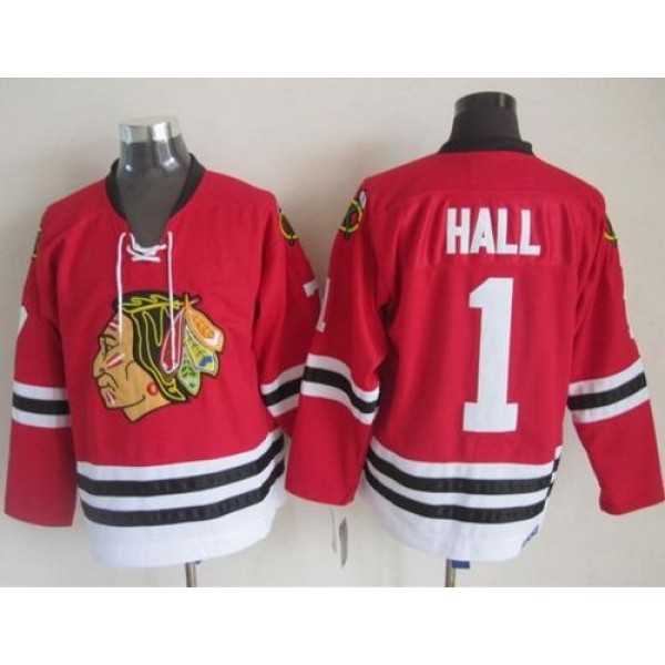 Blackhawks #1 Glenn Hall Stitched Red CCM Throwback Jersey