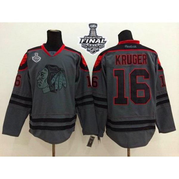 Blackhawks #16 Marcus Kruger Charcoal Cross Check Fashion 2015 Stanley Cup Stitched Jersey
