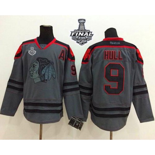 Blackhawks #9 Bobby Hull Charcoal Cross Check Fashion 2015 Stanley Cup Stitched Jersey