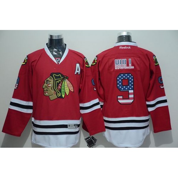 Blackhawks #9 Bobby Hull Red USA Flag Fashion Stitched Jersey