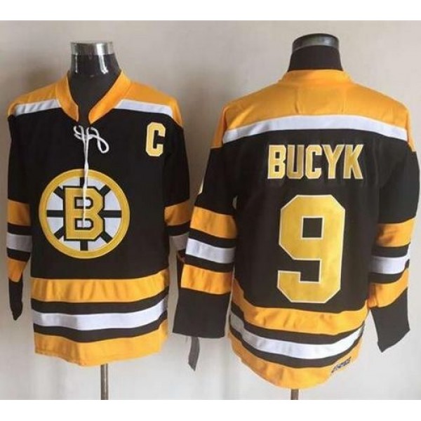Bruins #9 Johnny Bucyk Black Yellow CCM Throwback New Stitched Jersey