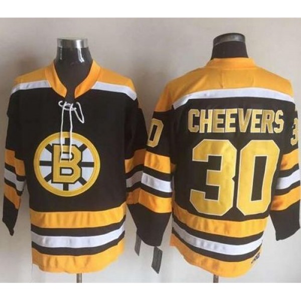 Bruins #30 Gerry Cheevers Black Yellow CCM Throwback New Stitched Jersey