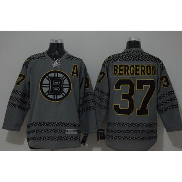 Bruins #37 Patrice Bergeron Charcoal Cross Check Fashion Stitched Jersey