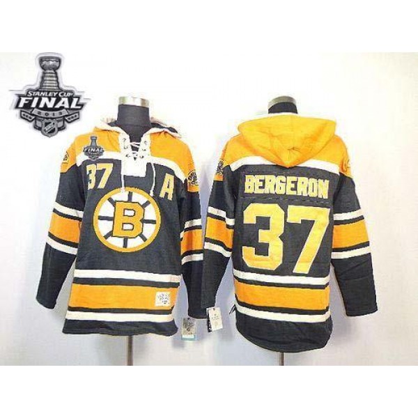 Bruins #37 Patrice Bergeron Black Sawyer Hooded Sweatshirt Stitched Jersey