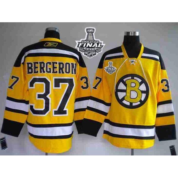 Bruins Stanley Cup Finals Patch #37 Patrice Bergeron Stitched Winter Classic Yellow Jersey