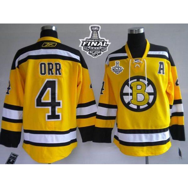 Bruins Stanley Cup Finals Patch #4 Bobby Orr Stitched Winter Classic Yellow Jersey