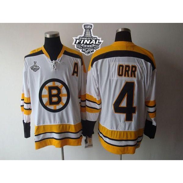 Bruins Stanley Cup Finals Patch #4 Bobby Orr CCM Throwback White Stitched Jersey