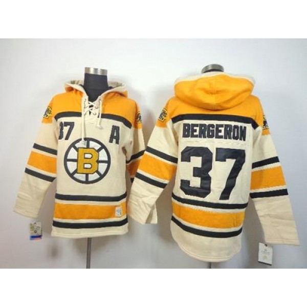 Bruins #37 Patrice Bergeron Cream Sawyer Hooded Sweatshirt Stitched Jersey