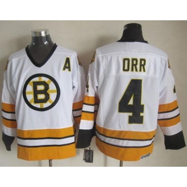 Bruins #4 Bobby Orr White Yellow CCM Throwback Stitched Jersey