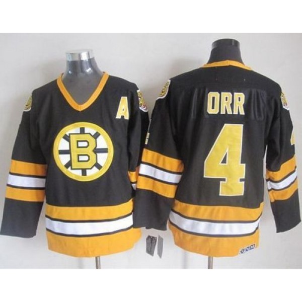Bruins #4 Bobby Orr Black Yellow CCM Throwback Stitched Jersey