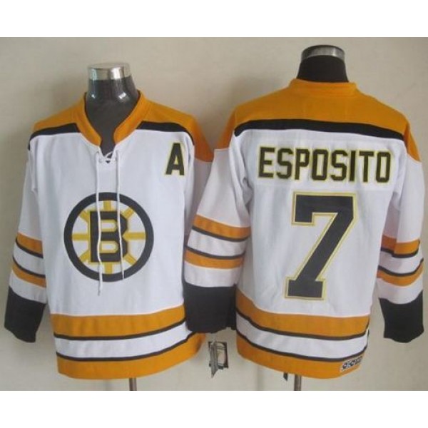 Bruins #7 Phil Esposito White CCM Throwback Stitched Jersey