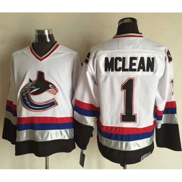 Canucks #1 Kirk Mclean White Black CCM Throwback Stitched Jersey