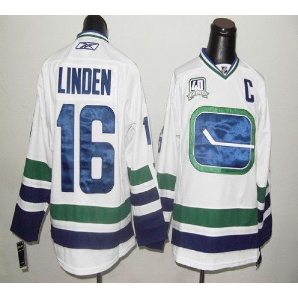 Canucks #16 Trevor Linden Stitched White With 40TH Patch Third Jersey