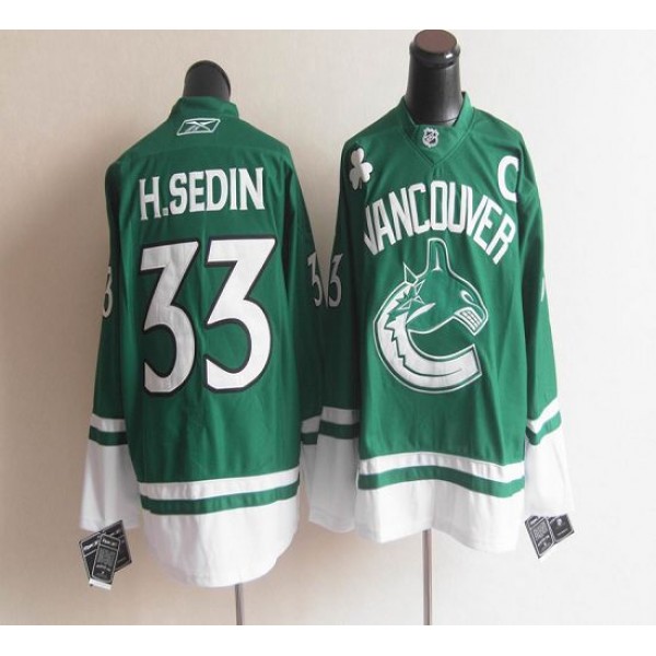 Canucks St Patty's Day #33 Henrik Sedin Green Stitched Jersey