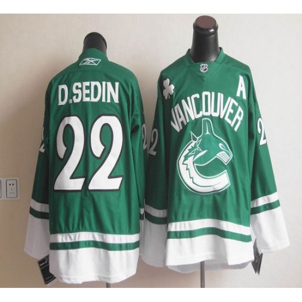 Canucks St Patty's Day #22 Daniel Sedin Green Stitched Jersey