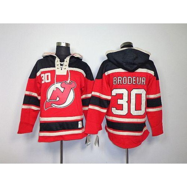 Devils #30 Martin Brodeur Red Sawyer Hooded Sweatshirt Stitched Jersey