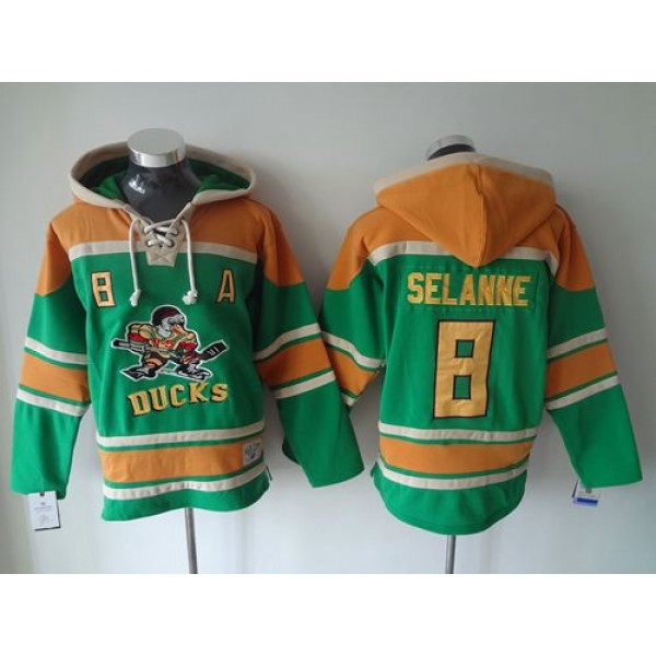 Ducks #8 Teemu Selanne Green Sawyer Hooded Sweatshirt Stitched Jersey