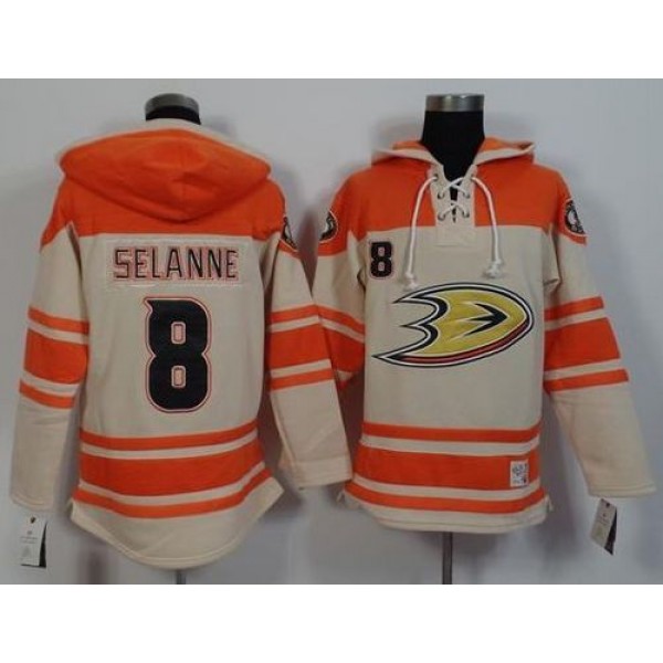 Ducks #8 Teemu Selanne Cream Orange Sawyer Hooded Sweatshirt Stitched Jersey