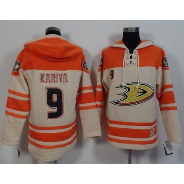 Ducks #9 Paul Kariya Cream Orange Sawyer Hooded Sweatshirt Stitched Jersey