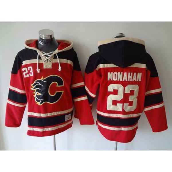 Flames #23 Sean Monahan Red Sawyer Hooded Sweatshirt Stitched Jersey