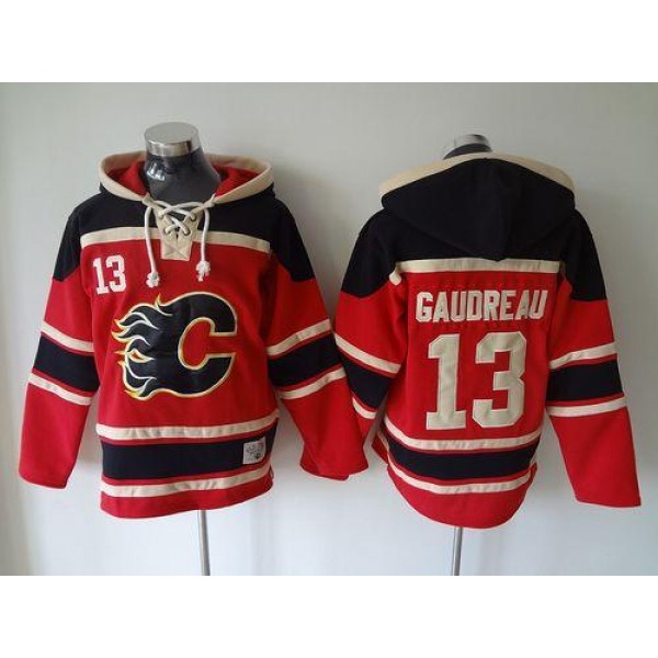 Flames #13 Johnny Gaudreau Red Sawyer Hooded Sweatshirt Stitched Jersey