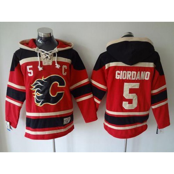 Flames #5 Mark Giordano Red Sawyer Hooded Sweatshirt Stitched Jersey