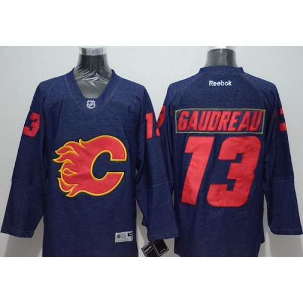 Flames #13 Johnny Gaudreau Navy Blue Denim Stitched Jersey