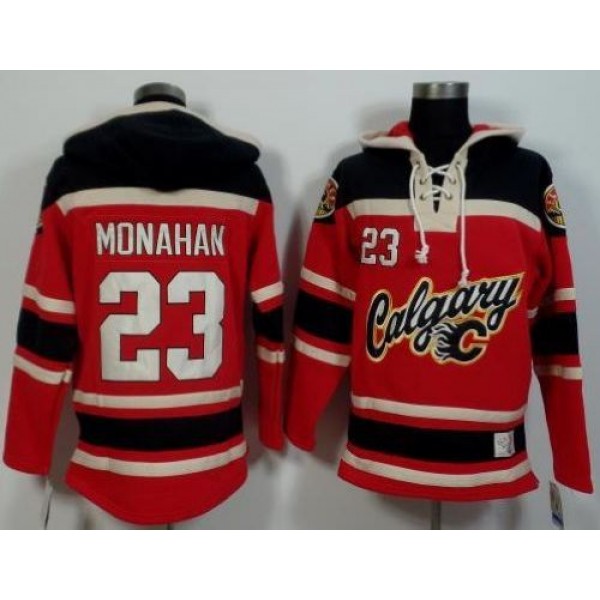 Flames #23 Sean Monahan Red Black Sawyer Hooded Sweatshirt Stitched Jersey