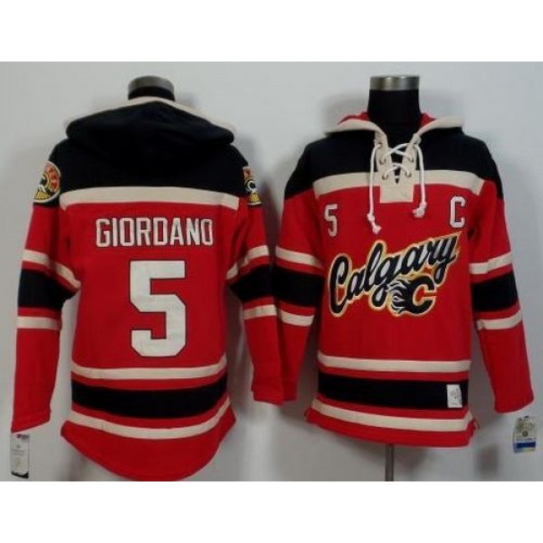 Flames #5 Mark Giordano Red Black Sawyer Hooded Sweatshirt Stitched Jersey