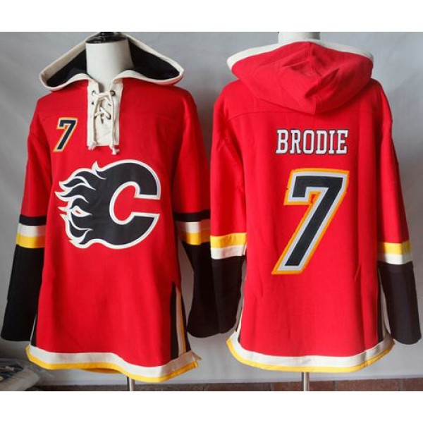Flames #7 TJ Brodie Red Sawyer Hooded Sweatshirt Stitched Jersey