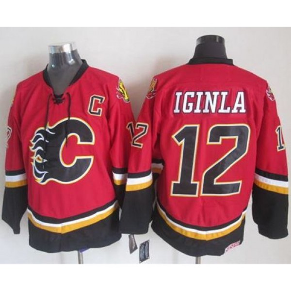 Flames #12 Jarome Iginla Red Black CCM Throwback Stitched Jersey