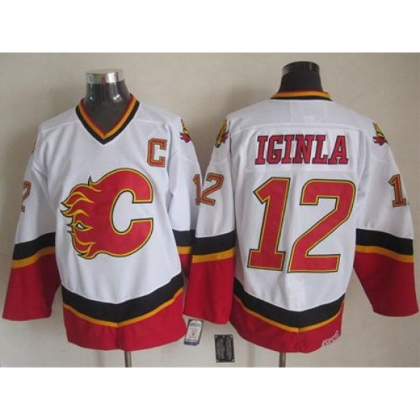 Flames #12 Jarome Iginla White Black CCM Throwback Stitched Jersey