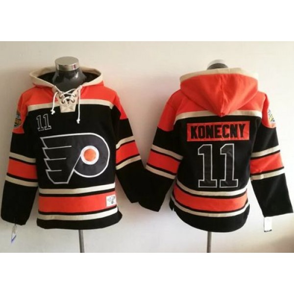Flyers #11 Travis Konecny Black Sawyer Hooded Sweatshirt Stitched Jersey