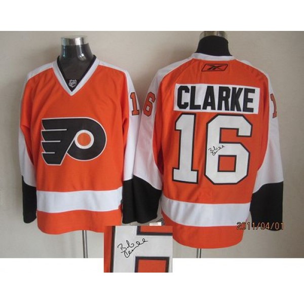 Flyers #16 Bobby Clarke Orange Autographed Stitched Jersey