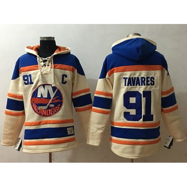 Islanders #91 John Tavares Cream Sawyer Hooded Sweatshirt Stitched Jersey